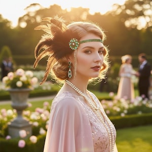 May include: A headpiece featuring dark brown feathers and a green crystal floral accent with dangling chains, paired with a matching green crystal drop earring and a long multi-strand pearl necklace worn over a pale pink embroidered garment.