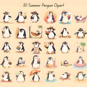 May include: A collection of 30 cartoon penguins enjoying summer activities. The penguins are depicted in various poses, wearing hats, sunglasses, and Hawaiian shirts, and holding drinks, surfboards, and beach balls. The text "30 Summer Penguin Clipart" is at the top.