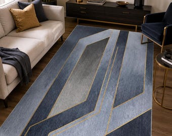 Luxury Modern Art Deco Area Rug – Blue and Gold Abstract Geometric Carpet for Living Room, Geometric Illusion Floor Mat for Home Office
