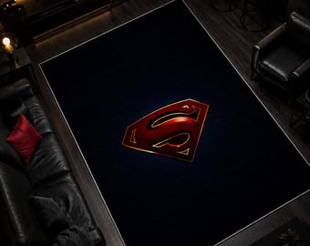 Alfombra inspirada en superhéroes de cómics: alfombra con el icónico escudo de armas para sala de juegos, alfombra roja y dorada llamativa para decoración temática de superhéroes.