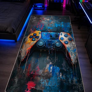 Abstract Gaming Area Rug – Grunge Controller Carpet for Gamer Setup, Splatter Paint Floor Mat for Teen Bedroom Streamer Decor