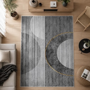 Modern Abstract Geometric Area Rug – Gray and Gold Linear Carpet for Living Room, Minimalist Arch Floor Mat for Neutral Home Decor