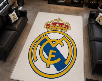 Football Crest Area Rug – Sports Fan Striped Carpet for Gaming Room, Red and Blue Floor Mat for Soccer Theme Bedroom