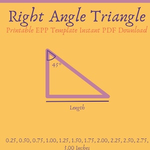 May include: A printable PDF template of a right angle triangle in purple on a yellow background. The triangle has a 45-degree angle and a labeled length. Sizes range from 0.64 to 7.62 cm.