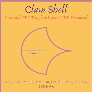 Könnte beinhalten: Eine digitale Vorlage für eine Muschelform, mit einem lila Umriss und dem Wort "Radius" beschriftet. Die Vorlage enthält Maße von 0,64 bis 7,62 cm, ideal für English Paper Piecing (EPP). Der Text "Clam Shell" steht oben.