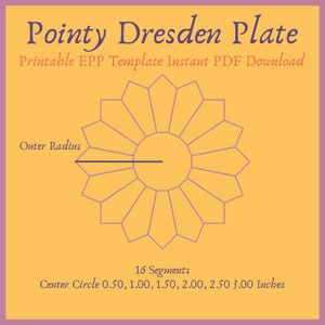 Peut inclure: Un modèle numérique pour une Pointy Dresden Plate, avec un motif floral à 16 segments. Le modèle comprend des mesures pour le cercle central allant de 1,27 cm à 7,62 cm. Le texte "Printable EPP Template Instant PDF Download" est également visible.