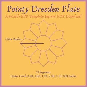 Puede incluir: Una plantilla digital para una Pointy Dresden Plate, con un diseño floral de 12 segmentos. La plantilla incluye medidas para el círculo central que van de 1,27 cm a 7,62 cm. El texto dice "Printable EPP Template Instant PDF Download."