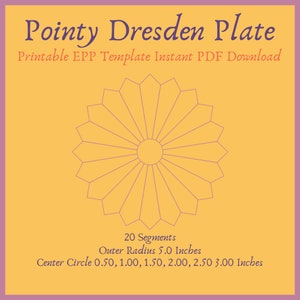 May include: A digital template for a Pointy Dresden Plate, featuring a floral design with 20 segments. The outer radius is 12.7 cm. The template includes center circle sizes from 1.27 cm to 7.62 cm. Text reads: Printable EPP Template Instant PDF Download.