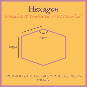 May include: A purple hexagon shape with a 140-degree angle, labeled "Hexagon" and "Printable EPP Template Instant PDF Download." Measurements range from 0.25 to 3.00 inches. The image is on a yellow background.