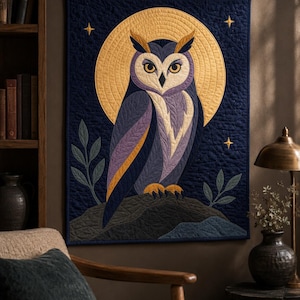 PDF-Muster für eine Patchworkdecke mit heiliger Eule, Wandbehang mit Applikationen im Mondlicht-Stil mit offener Kante, mystische Tagesdecke