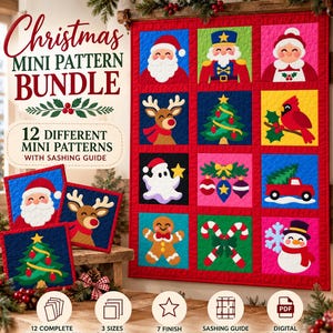 May include: A Christmas mini pattern bundle featuring 12 different quilt block designs including Santa, a nutcracker, Mrs. Claus, a reindeer, a tree, a cardinal, a ghost, ornaments, a truck, a gingerbread person, candy canes, and a snowman.