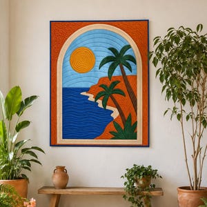 May include: A rectangular wall quilt featuring a coastal scene framed by an arch. The design includes a bright yellow sun, a deep blue ocean, a tan shoreline, and green palm trees against a textured orange background with blue border trim.