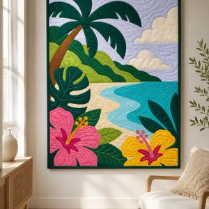 May include: A tropical-themed wall hanging featuring a beach scene with a palm tree, ocean, and hibiscus flowers. The quilt has a green border and is made with various fabrics in shades of green, blue, yellow, and pink. The quilt is displayed on a white wall.
