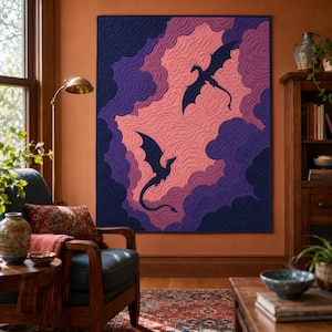 May include: A rectangular wall quilt featuring two dark purple dragon silhouettes flying amidst swirling clouds in shades of pink and purple. The fabric displays intricate, wavy machine-quilted textures throughout the entire surface.