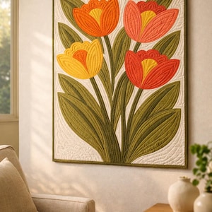 May include: A rectangular wall hanging featuring a quilted fabric design of four tulips in orange, coral, and yellow. The flowers have long green stems and leaves set against a cream-colored background with intricate, swirling stitched patterns.