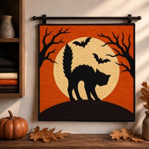 Black Cat Halloween Mini Quilt Pattern PDF, Beginner Raw Edge Appliqué: Midnight Fright