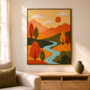 Pode incluir: Uma tapeçaria acolchoada retangular apresentando uma paisagem com colinas onduladas em tons de laranja, amarelo e verde. Um rio sinuoso azul-claro flui pelo centro, cercado por árvores estilizadas e um sol em um céu amarelo.