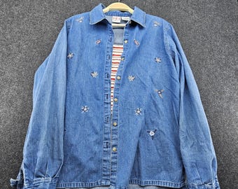 Vtg 90s Y2K Floral Embroidered Denim Button Down Shirt Size M Iei