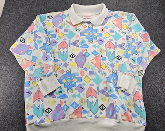 Maglione vintage Young Stuff da donna, taglia XL, con stampa geometrica anni '80, prodotto negli Stati Uniti.