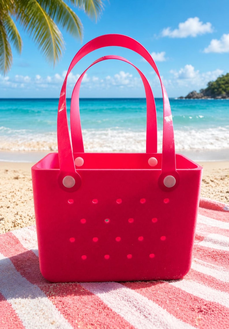 May include: A bright pink tote bag with two arched handles, set on a beach towel with a red and white stripe pattern. The bag has a square shape with small circular holes. The background shows a beach, ocean, and blue sky.