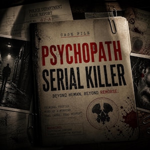 Könnte beinhalten: Eine Akte mit der Aufschrift "Case File" und dem Titel "Psychopath Serial Killer" in roter und schwarzer Schrift. Die Akte wird von einer Büroklammer zusammengehalten. Text beinhaltet "Beyond Human. Beyond Remorse." und eine Warnung vor verstörenden Inhalten.