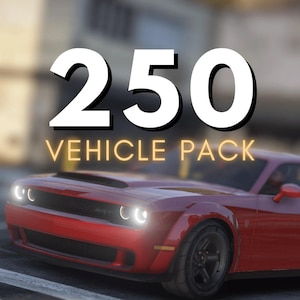 May include: A red sports car with bright headlights is featured in this image. The text "250 VEHICLE PACK" is displayed in large white and gold letters above the car. The car's front end is visible, showcasing its design.