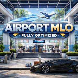 May include: A digital rendering of an airport entrance with the text "AIRPORT MLO - FULLY OPTIMIZED" in a blue and white banner. A black sports car is parked in front of the entrance. A passenger plane flies in the sky above the airport.