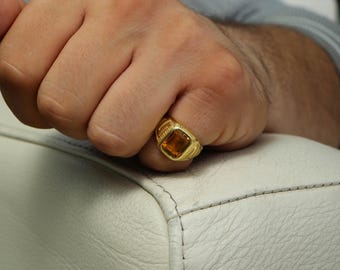 Anillo de sello para hombre con citrino, chapado en oro de 14 quilates y plata 925 con diseño de meandro griego, estilo estoico.