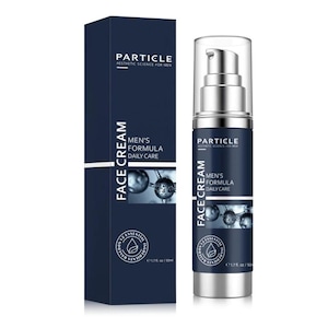 May include: A navy blue box and bottle of Particle Men's Formula Face Cream. The box and bottle have white text that reads "Particle Aesthetic Science For Men" and "Men's Formula Daily Care". The bottle has a silver pump and contains 1.7 fl oz / 50ml.