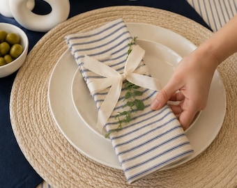 Blue Stripe Cotton Napkins Set | French Country Table Decor, Handmade USA