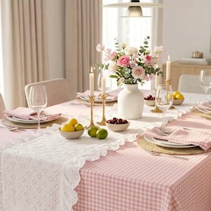 Handmade Gingham Tablecloth, Eyelet Runner, Napkins | Cottagecore French Country Dining Set