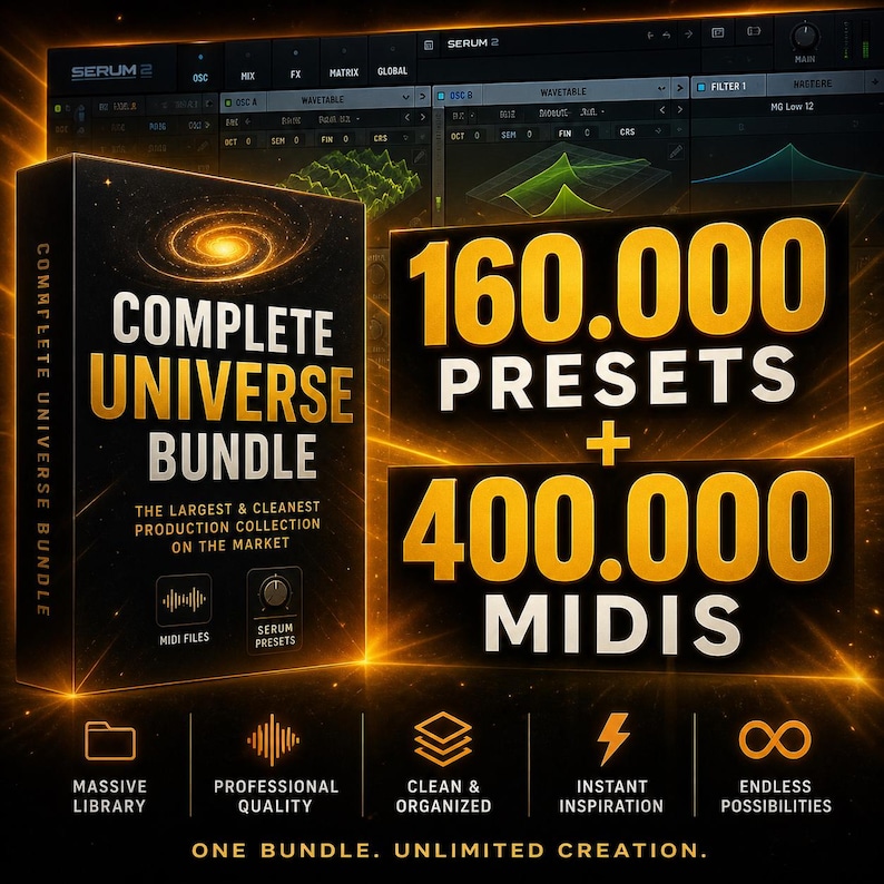 May include: A digital product bundle with the text "COMPLETE UNIVERSE BUNDLE" and "160.000 PRESETS + 400.000 MIDIS". The product is advertised as the largest and cleanest production collection. Includes icons for MIDI files and Serum presets.