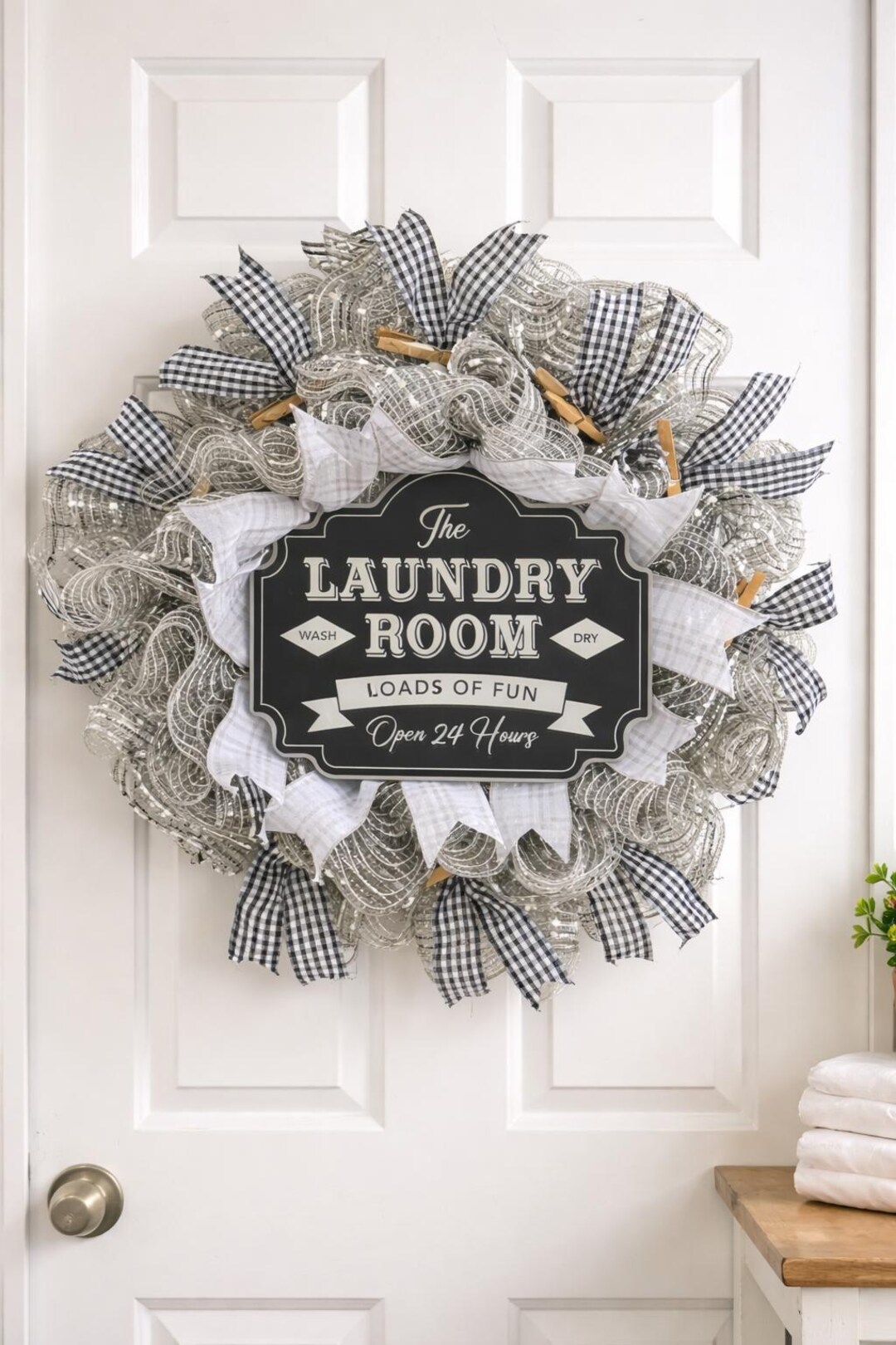 Farmhouse Laundry Room Wreath | Black Buffalo Check, Clothespin Accents ...