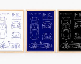 Shelby Cobra 427 Blueprint Poster | Tuschestifte geplottet Auto Kunst | Vintage Sportwagen-Wanddekor | Minimalistischer Garagen Print