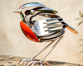 Metalen Robin Garden Sculpture – Handgemaakt zilveren vogeldecor, tuinornament buiten, cadeau voor vogelliefhebbers