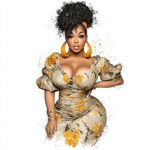 May include: A digital illustration of a person with dark curly hair wearing a beige dress with a yellow floral pattern, featuring puff sleeves and a ruched bodice. The person wears large yellow hoop earrings, a gold bracelet, and a gold ring.