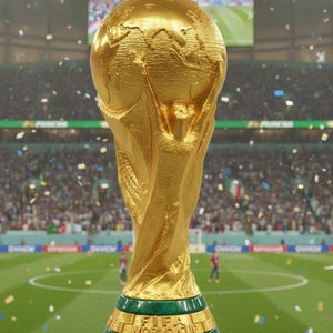 May include: The FIFA World Cup trophy is a gold-colored sculpture featuring two human figures holding up a globe. The base is a circular green band with the text FIFA WORLD CUP embossed in gold lettering, set against a blurred stadium background.
