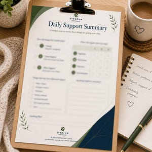 May include: A wooden clipboard holds a "Daily Support Summary" sheet with a green and blue design. A coffee mug with a heart, a notepad, and a pen are on the wooden surface. A small plant in a white pot and a beige sweater are also visible.