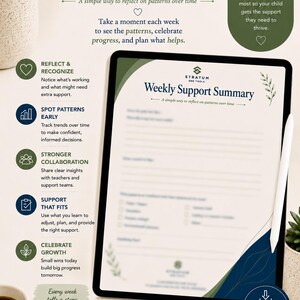 May include: A digital tablet displays a "Weekly Support Summary" document, with text and check boxes. A coffee mug with a heart, a pen, and a notepad are on the table. The image promotes tracking progress and support.