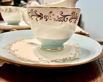 Vtg Mid-Century Lifetime China "Gold Crown" Teacup and Saucer Set Aqua Blue & 22K Gold Filigree, Homer Laughlin Blank, Grandmillennial Decor