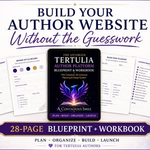 May include: A 28-page author website blueprint and workbook set featuring a central tablet display with a phoenix graphic, surrounded by printed planning sheets including a brand style board, book page planner, and launch readiness checklist.