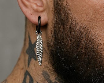 Mens Earring Single Feather Earring for Men Unisex Design drop Black Hoop Dangling Earring Mens Hoops Mens Jewelry goth Gothic Birthday Gift