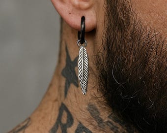 Mens Earring Single Feather Earring for Men Design drop Black Hoop Dangling Earring Mens Hoops Mens Jewelry goth Gothic Birthday Gift
