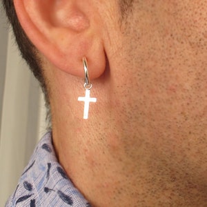 Sterling Silver Cross Earring for men, Mens Cross Earring Sterling Silver Mens Hoop Earring Silver cross earring for guys cross hoop earring Sterling Silver