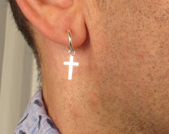 Sterling Silver Cross Earring for men, Mens Cross Earring Sterling Silver Mens Hoop Earring Silver cross earring for guys cross hoop earring