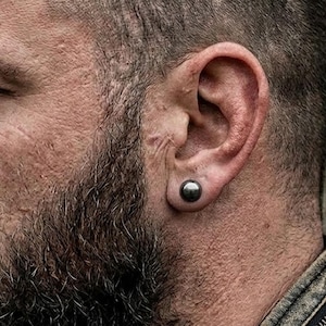 Mens Earring Single Black Stud Earring 6 mm Button Ball Studs Oxidized Sterling Silver / Gold Finish Unisex Studs Mens Jewelry Black Stud