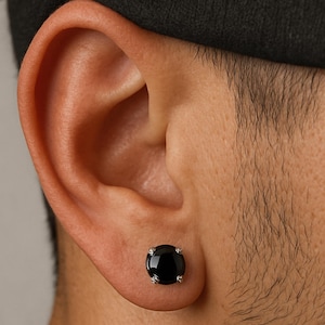 Black Mens Earrings Black Onyx Earrings 925 Sterling Silver Stud earrings for Men Faceted Round Studs Mens Stud Earrings 6-10mm Mens Jewelry