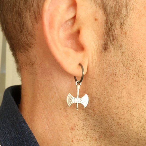 Double Axe Earring for Men, Labrys Earring Axe Dangle Earring, Mens Earring Design Single Earring Minoan Labrys Pendant Earring Mens Jewelry