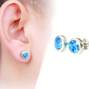 Blauwe herenoorbellen sterlingzilveren studs voor mannen, jongens stud oorbellen opaal studs voor mannen herensieraden ronde edelsteen studs cadeau voor hem