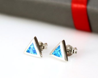 Blue Opal Triangle Stud Earrings Minimalist Sterling Silver Studs - Tiny Blue Earrings, Birthday Gift for her Geometric Stud Earrings